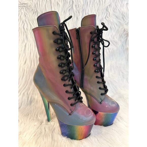 PLEASER Adore Chromatic Reflective Rainbow Platform Stiletto Heels Lace-Up Boots - Picture 3 of 15
